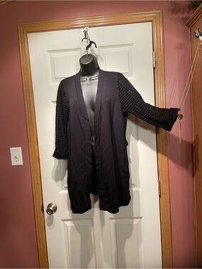 Lauren Michelle Black Open-Front Knit Cardigan with Textured Sleeves
